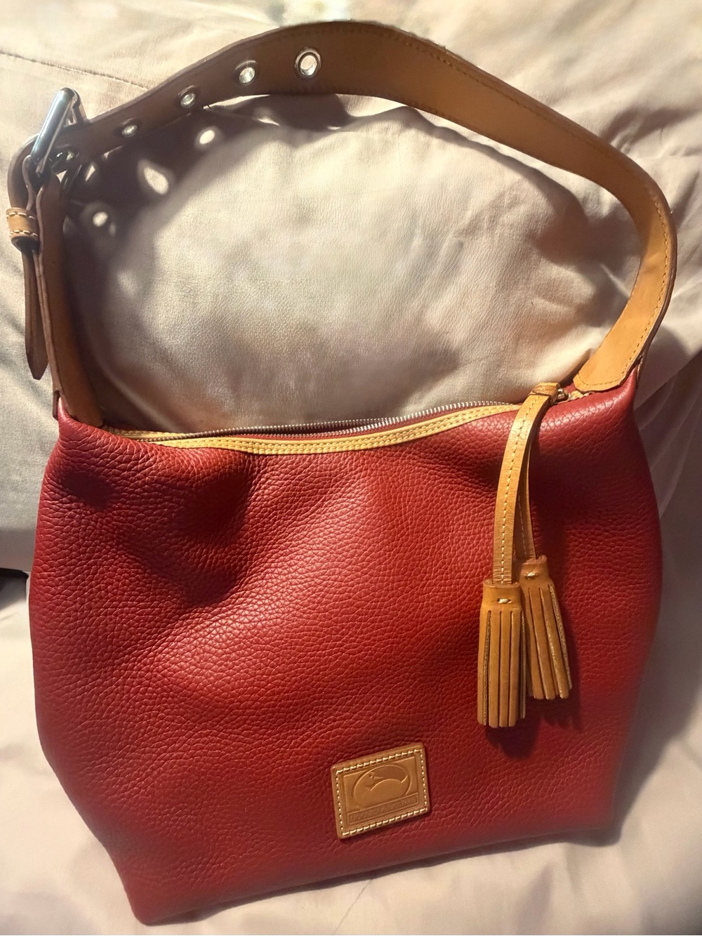 Dooney & Bourke Red Pebbled Leather Shoulder Bag with Tan Accents